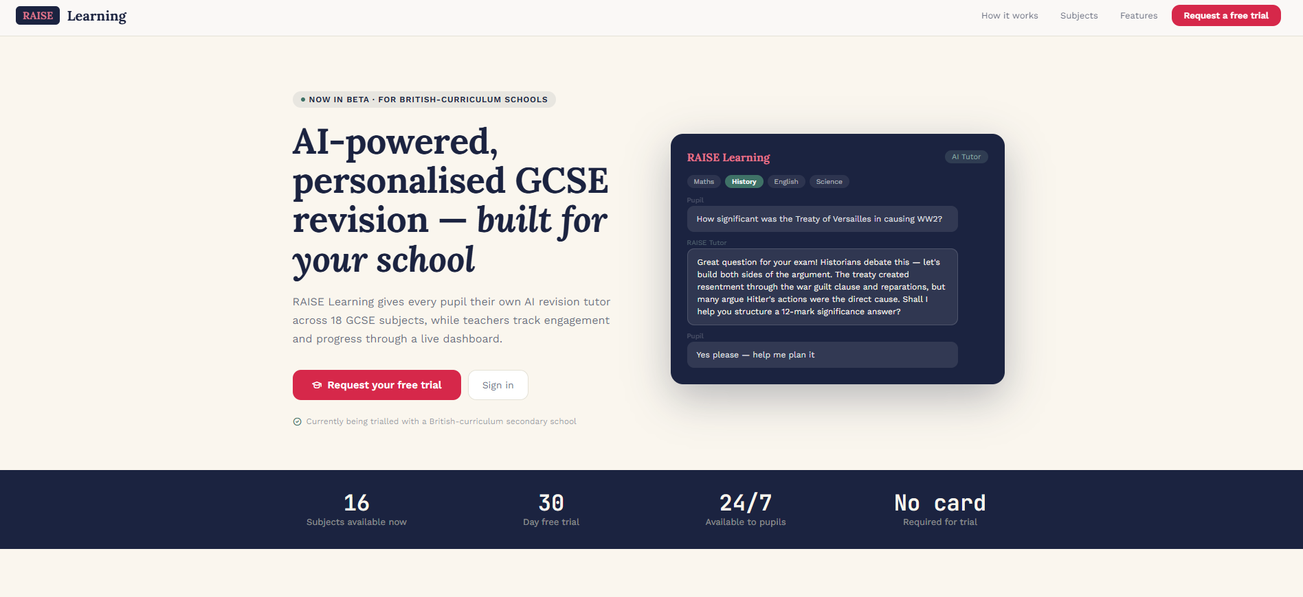 RAISE Learning homepage showing the AI-powered revision tutor interface and subject navigation.
